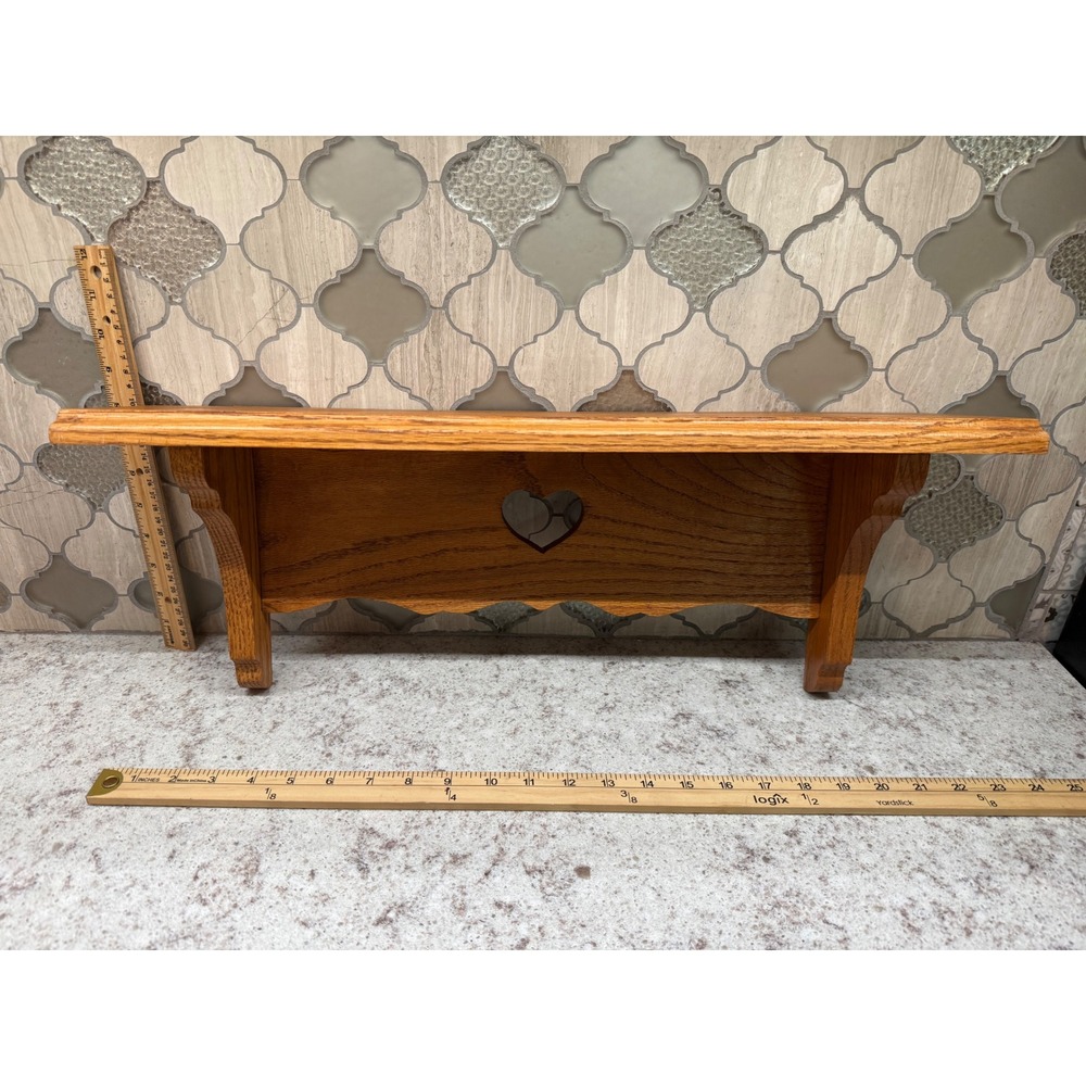 Vintage Oak Wood Wall Shelf Heart Cutout Farmhouse Floating Plate Display Rack